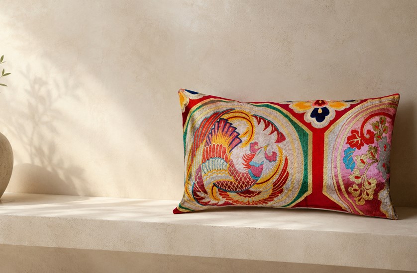 Japanese Silk Lumbar Pillow Phoenix in Fuchsia and Gold